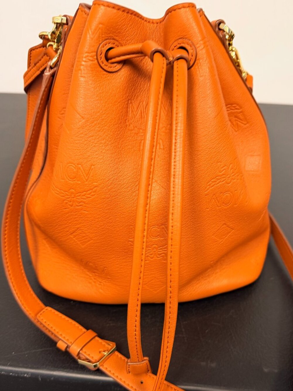 Logo Monogrammed MCM Bucket Bag w/detachable wristlet